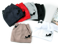 Cat Ears Knit Cap with Little Black Cat