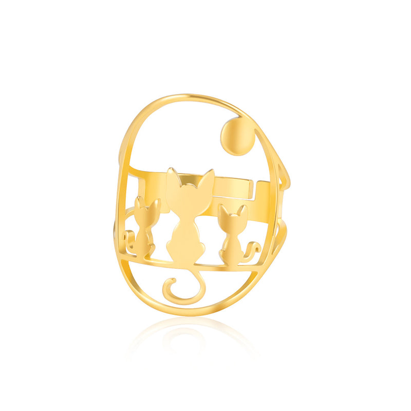 Stainless Steel Ring with Three Cats