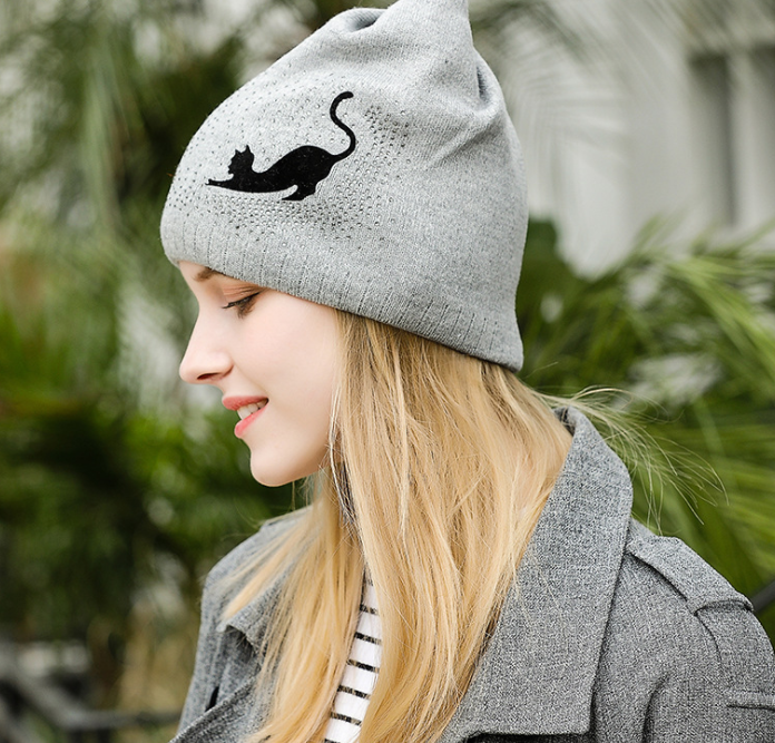 Cat Ears Knit Cap with Little Black Cat